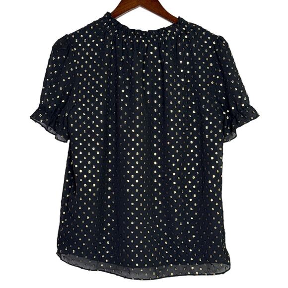 J. Crew Metallic Polka Dot Flowy Short Sleeve Baby Doll Blouse XS Black Gold - Picture 11 of 16